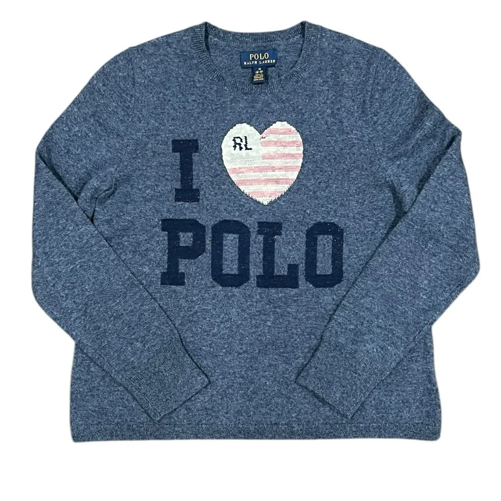 Polo Ralph Lauren Sweater Girls Blue I Heart USA flag Polo Pullover Size M 8-10 - Picture 2 of 13